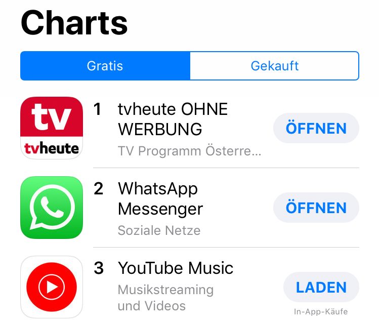 Top 3 der iTunes AppCharts am 09.11.2018